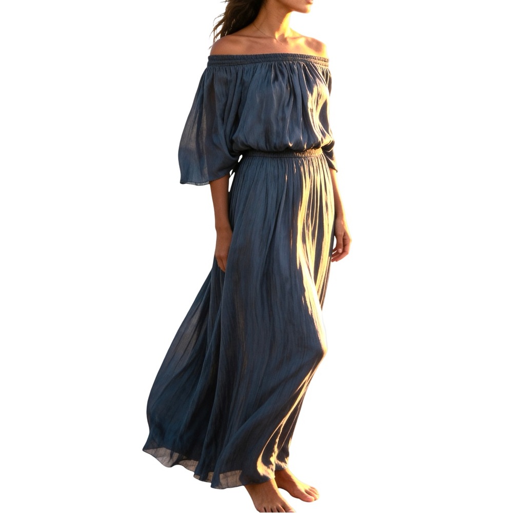 🌚Halston Heritage Maxi Satin Off-Shoulder Dress in Midnight, Size XS